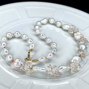 Handmade Freshwater High Luster Baroque Pearl Clear Quartz Necklace Gold Plated